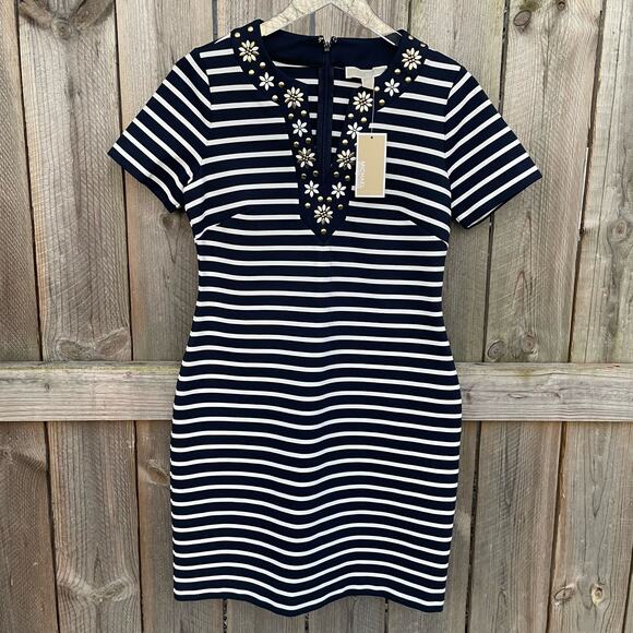 Michael Michael Kors Striped T-Shirt Dress Embellished Floral V-Neck Small NWT - Picture 1 of 9